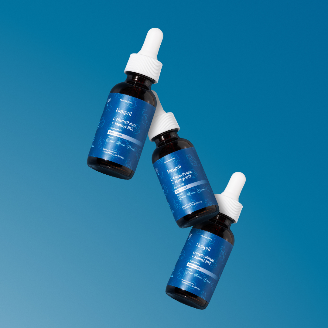 Three Neupril Kids L-Methylfolate + Methyl-B12 liquid supplement bottles with white dropper caps floating against a blue gradient background