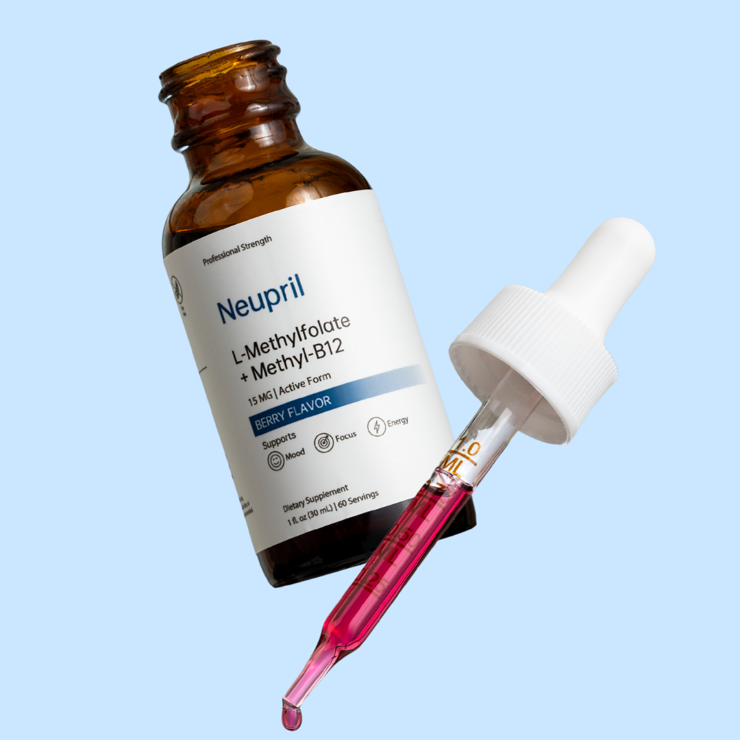 A bottle of Neupril, a Methylfolate supplement, next to a full dropper