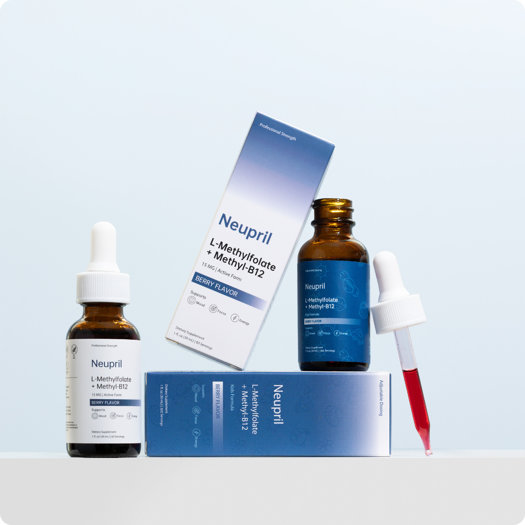 A group of bioavailable folate supplements near blue and white boxes
