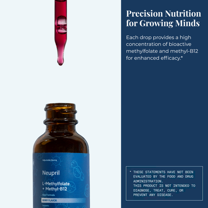 Bottle of Neupril Kids with a blue label and a dropper with red liquid on a white and blue background.