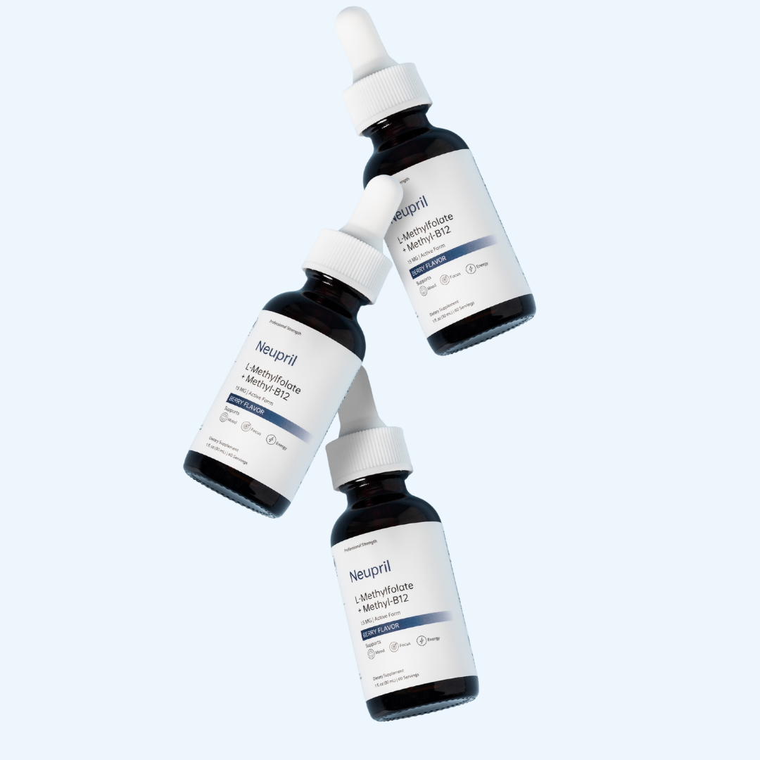 Neupril L-Methylfolate and Methyl-B12 vitamin liquid dietary supplement bottles in a floating group shot