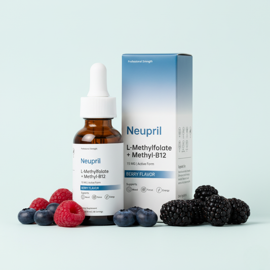 Neupril L-Methylfolate + Methyl-B12 supplement bottle and packaging with berries on a light blue background