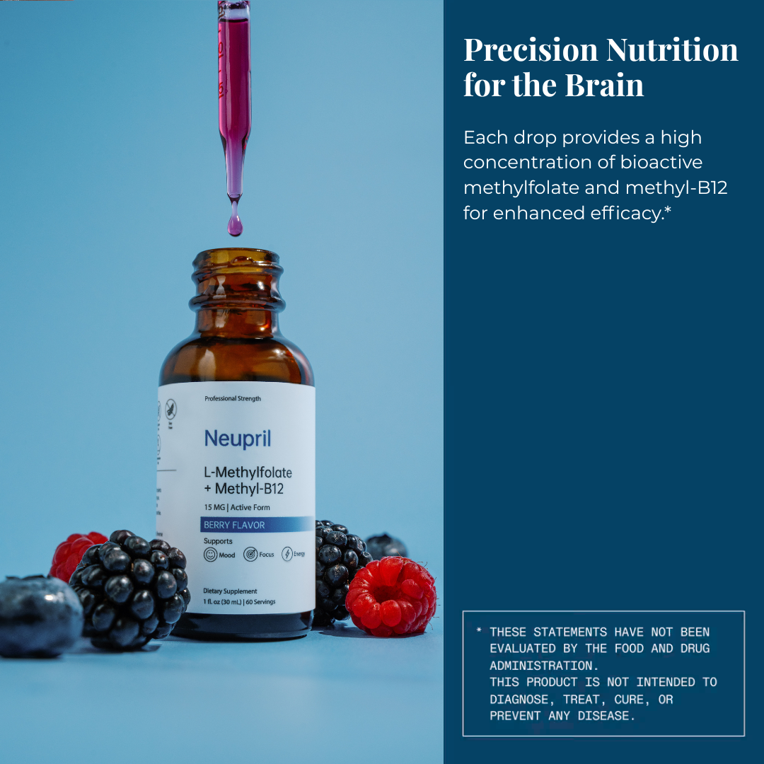 Neupril supplement bottle with berries on a blue background