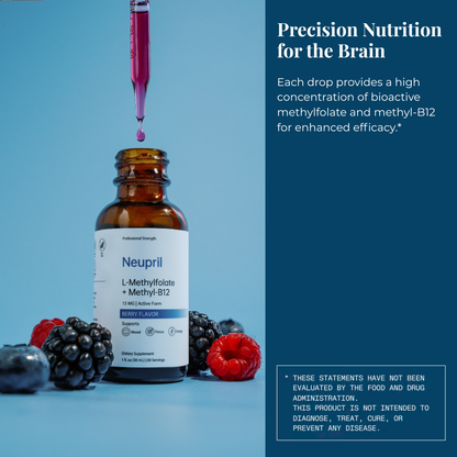 Neupril supplement bottle with berries on a blue background