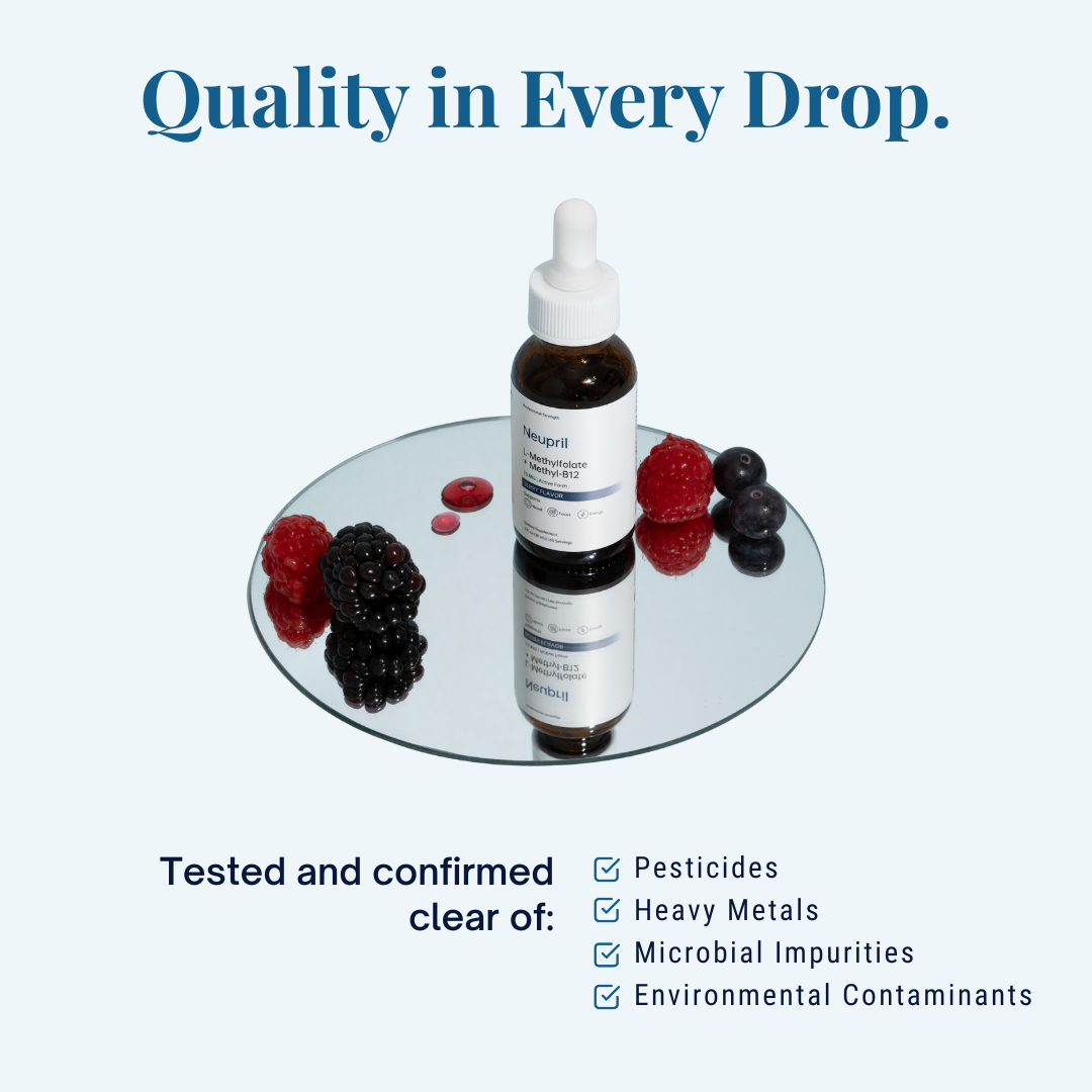 Bottle of Neupril on a mirror with berries, emphasizing quality and purity.